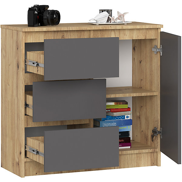 Commode AKORD JERRY Chêne Artisan 80 cm 1 porte 3 tiroirs façade Gris Graphite 2 étagères 80x35x77 cm