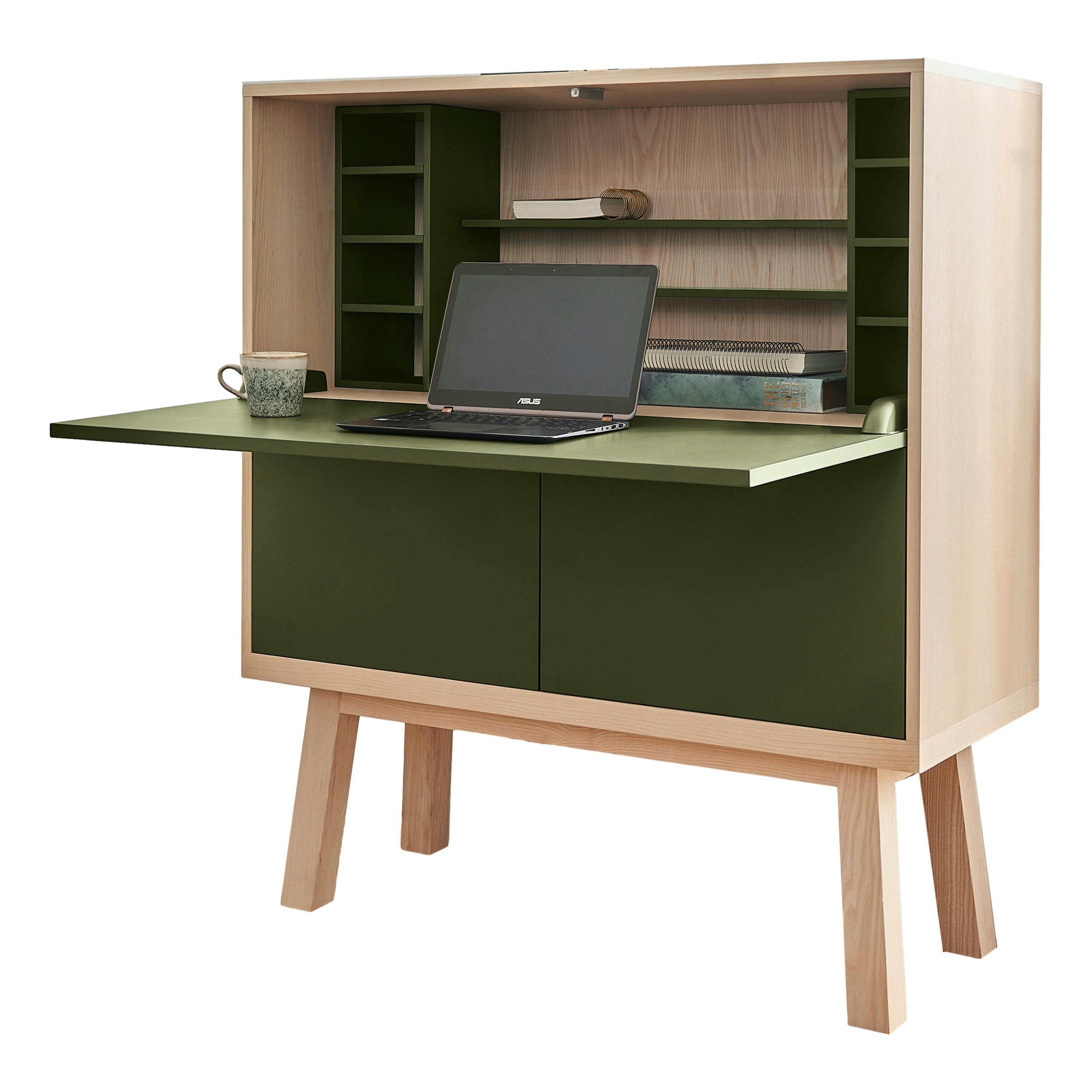 KUBE - Bureau secrétaire avec rangement, 120 cm de large, en frêne