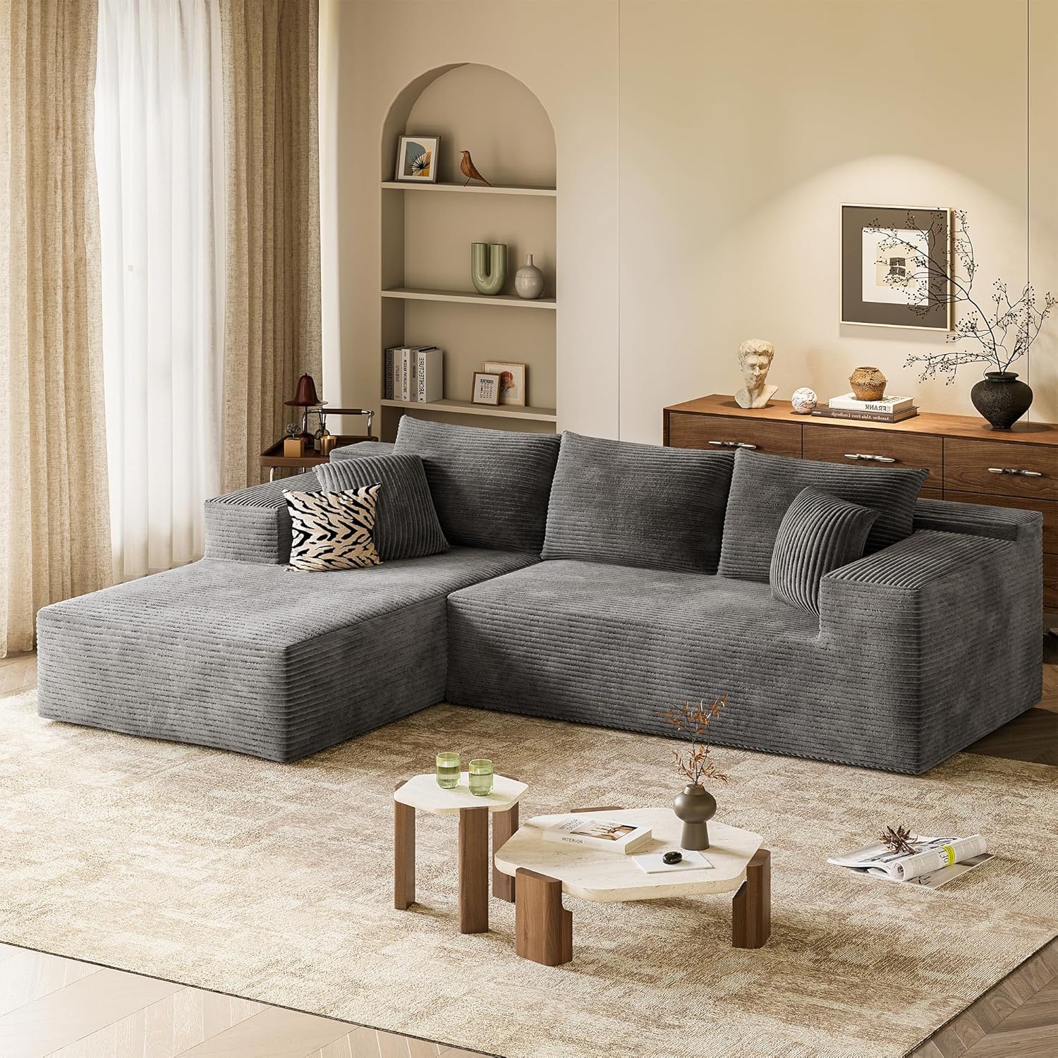 VICTONE 108” Cloud Sectional Couches, Boneless Couch Modular L-Shaped Sofa with Deep Seat, Modern Comfort Upholstered Sofas for Living Room, No Assembly Required (Corduroy, Grey)
