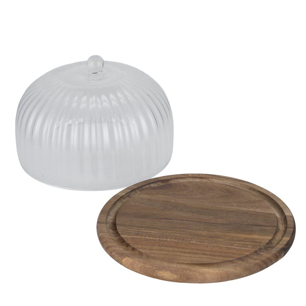 Plateau de présentation rond en bois sous cloche en verre Ø25xH15cm