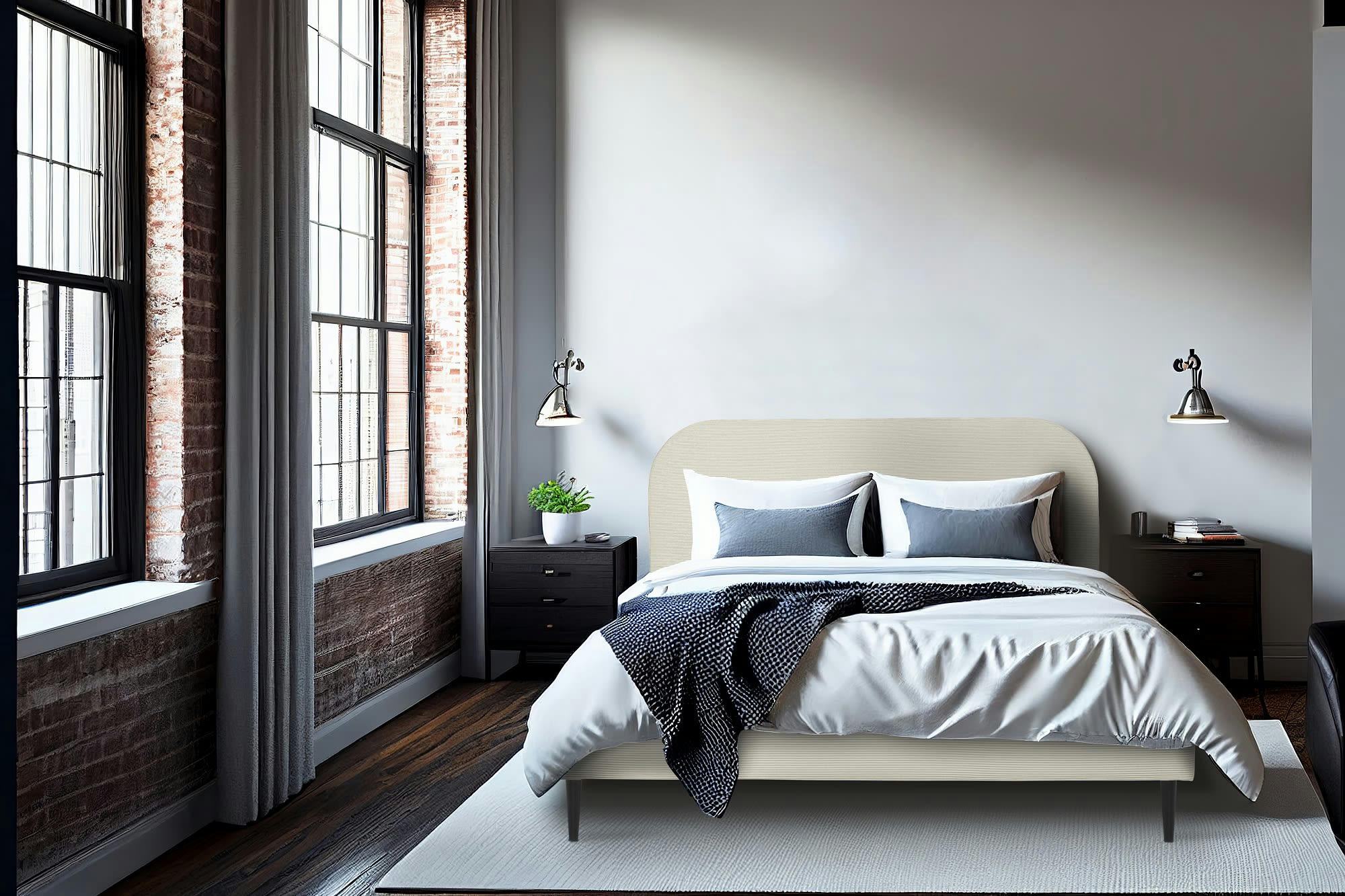 TIM - Lit avec matelas 2 places  en velours côtelé beige sable 160x200