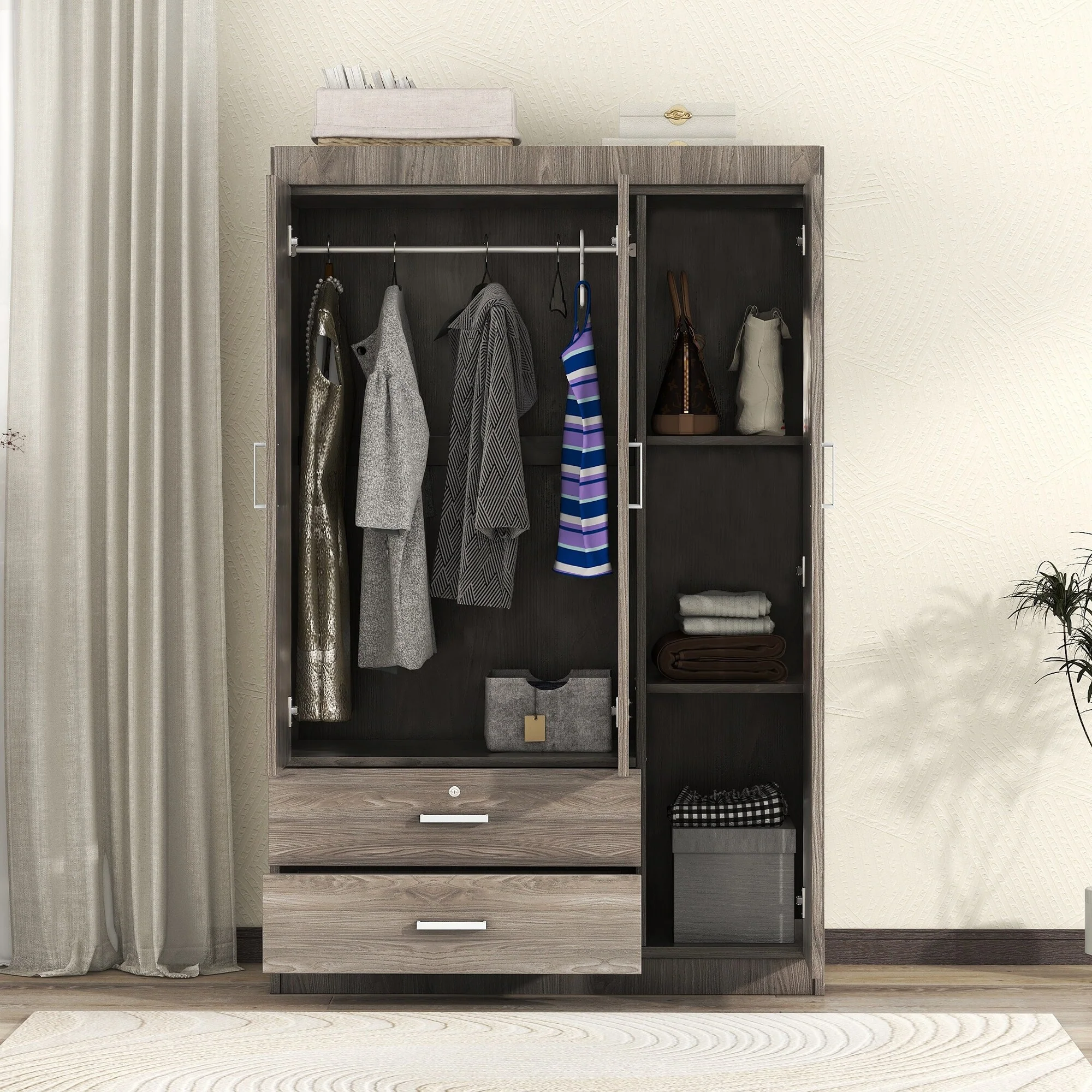 3-Door and 2 Drawers Wardrobe,Large Freestanding Armoire Wardrobe Cabinet, Clothes Storage Cabinet with Hanging Rod - N/A