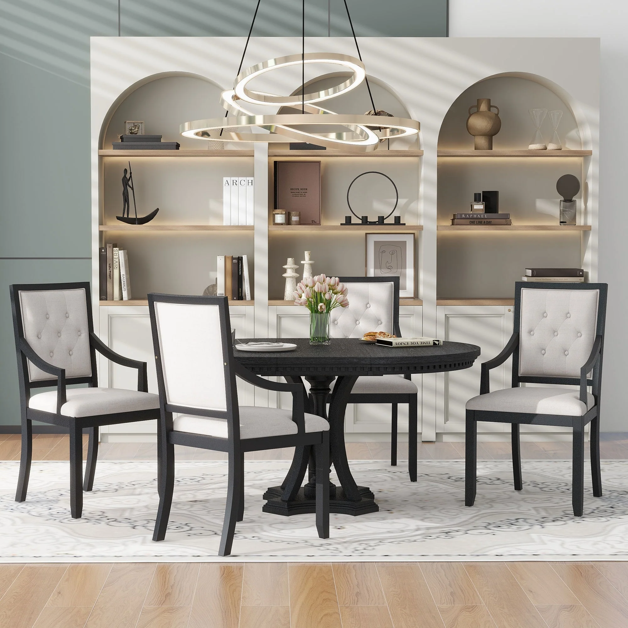 Black 5-Piece Wooden Dining Table Set with Extendable Round Table & 4 Armchairs