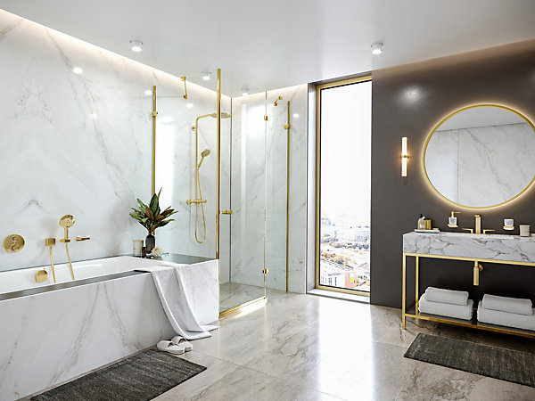 Colonne de douche thermostatique avec pommeau   douchette 1 jet   flexible   barre réglable, doré, Hansgrohe Raindance Select S 240 PowderRain