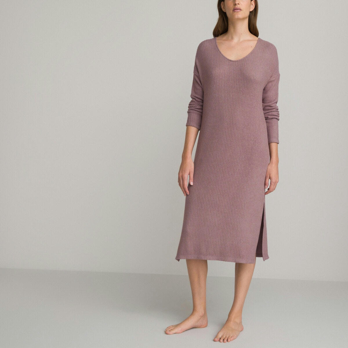Chemise de nuit unie en maille côtelée