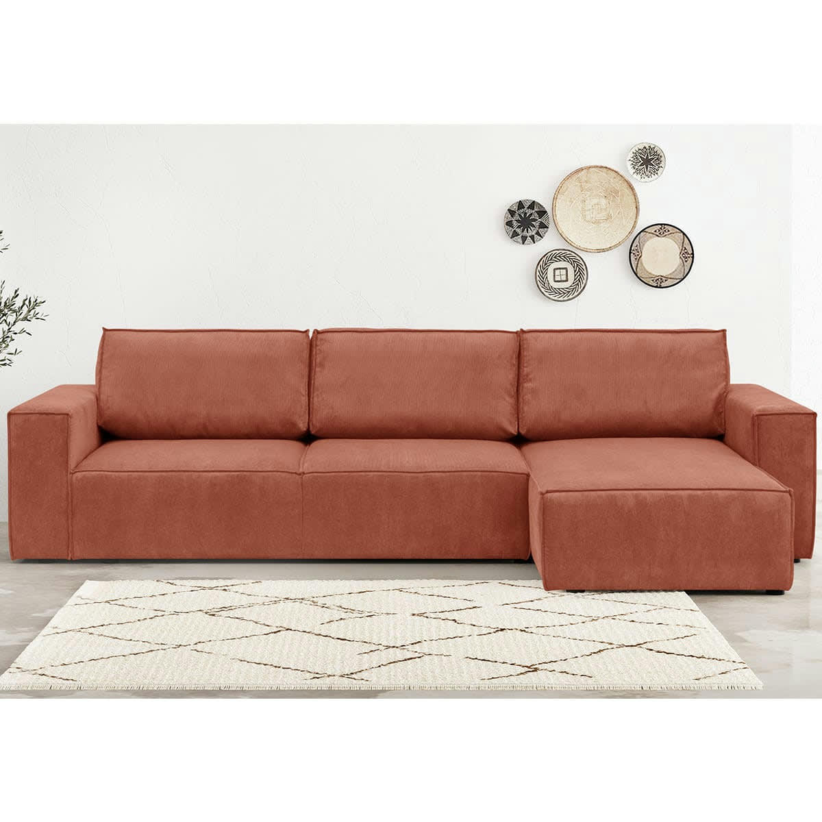 HARPER NEW - Canapé d'angle 5 places convertible en velours fines côtes terracotta