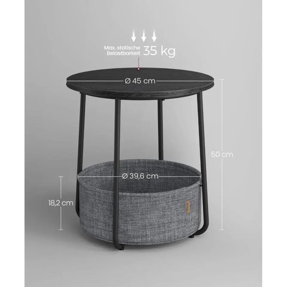 Kleine ronde salontafel met stoffen mand boszwart en leigrijs