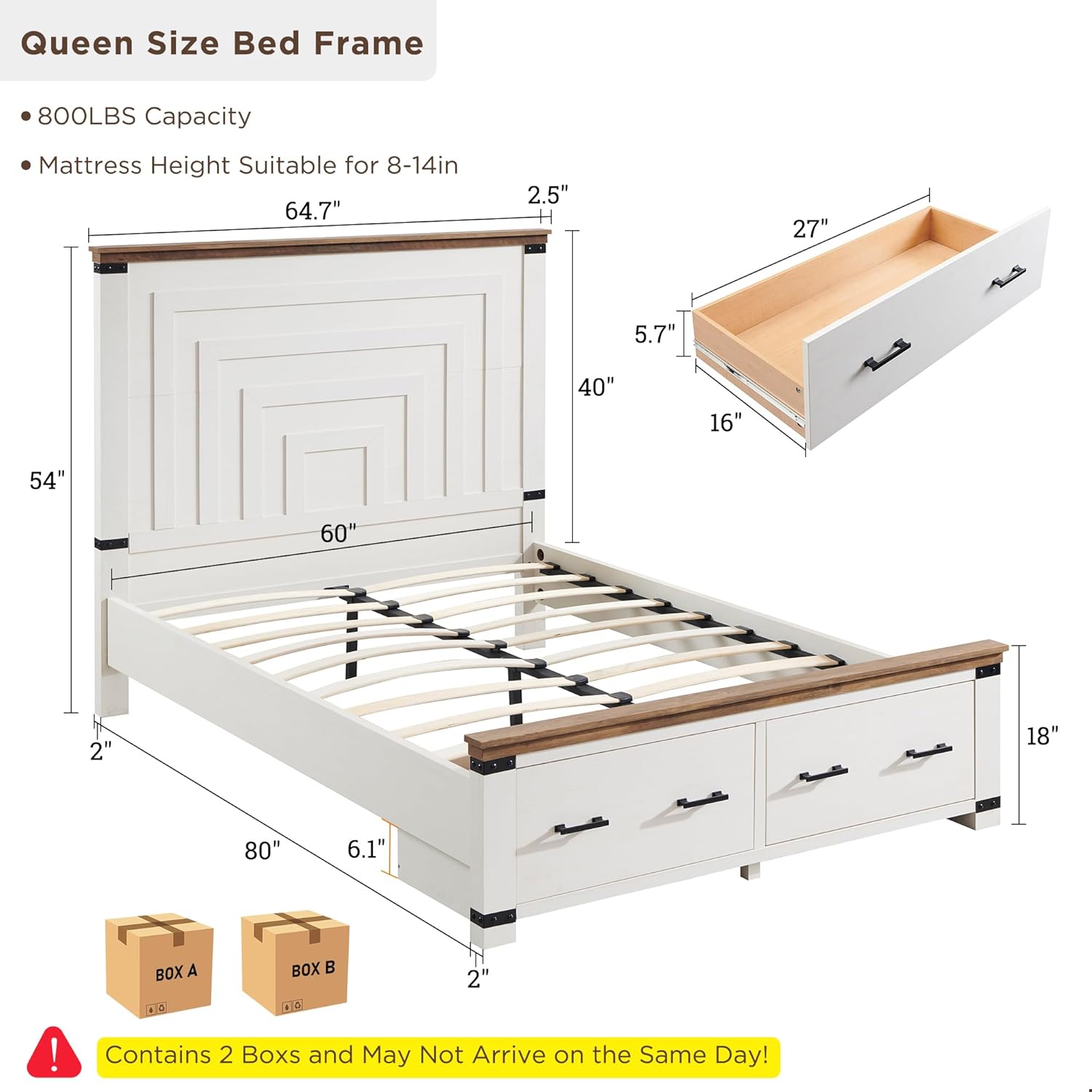 T4TREAM Farmhouse Queen Size Bed Frame with 54 Tall Geometric Headboard & 2 Large Storage Drawers, Rustic Wood Platform Bed with Wood Slats Support, No Box Spring Needed, Antique White