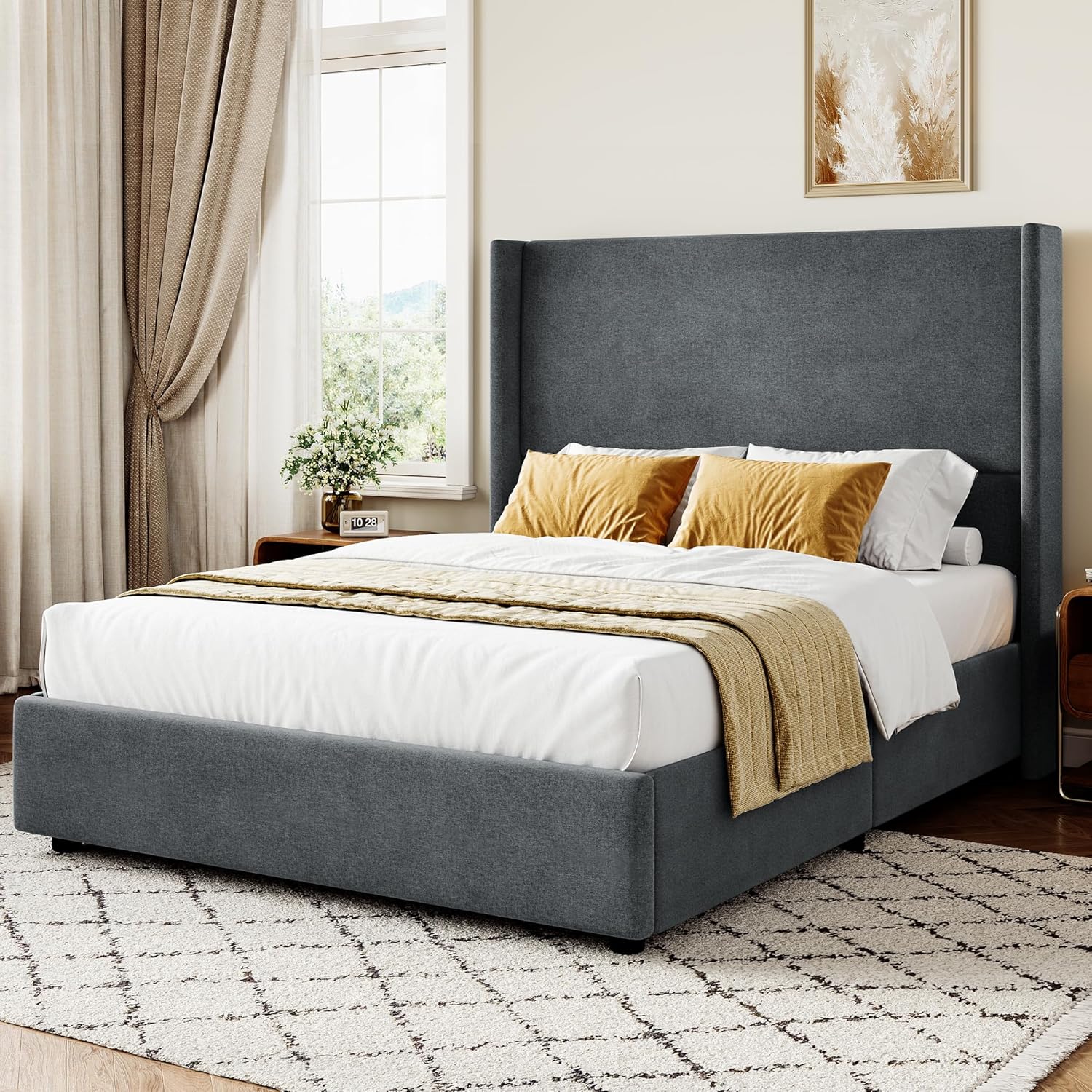 Queen Bed Frame, Upholstered Platform Bed with 55.5 Tall Wingback Headboard, Solid Wooden Slats, Noise-Free Mattress Foundation, No Box Spring Needed, Easy Assembly, Grey