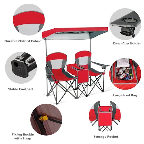 NNECW Double Folding Camping Chair with Canopy and Armrests-Red