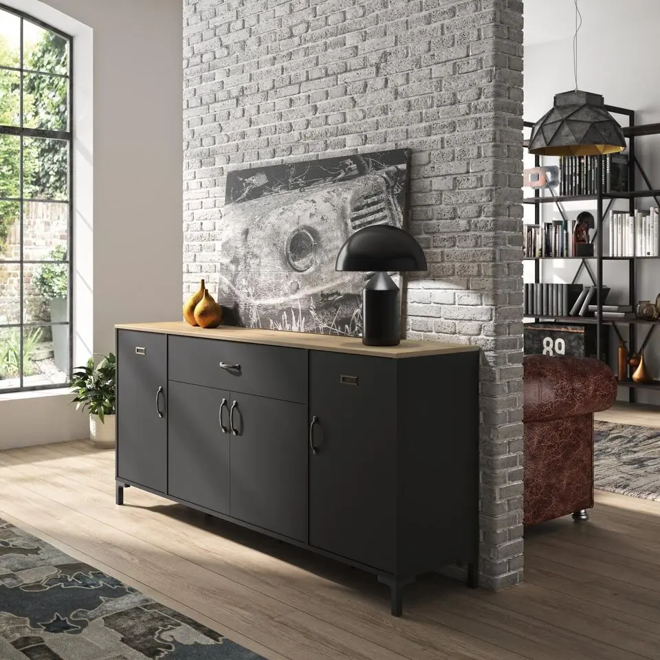 Diagone Dressoir Manchester - 82x40x180cm - Zwart/Eikenkleur