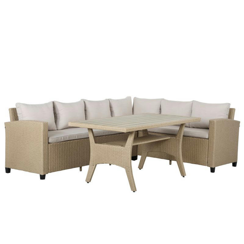 BELLWOOD - Salon de jardin en résine tressée 5 places coussins beige