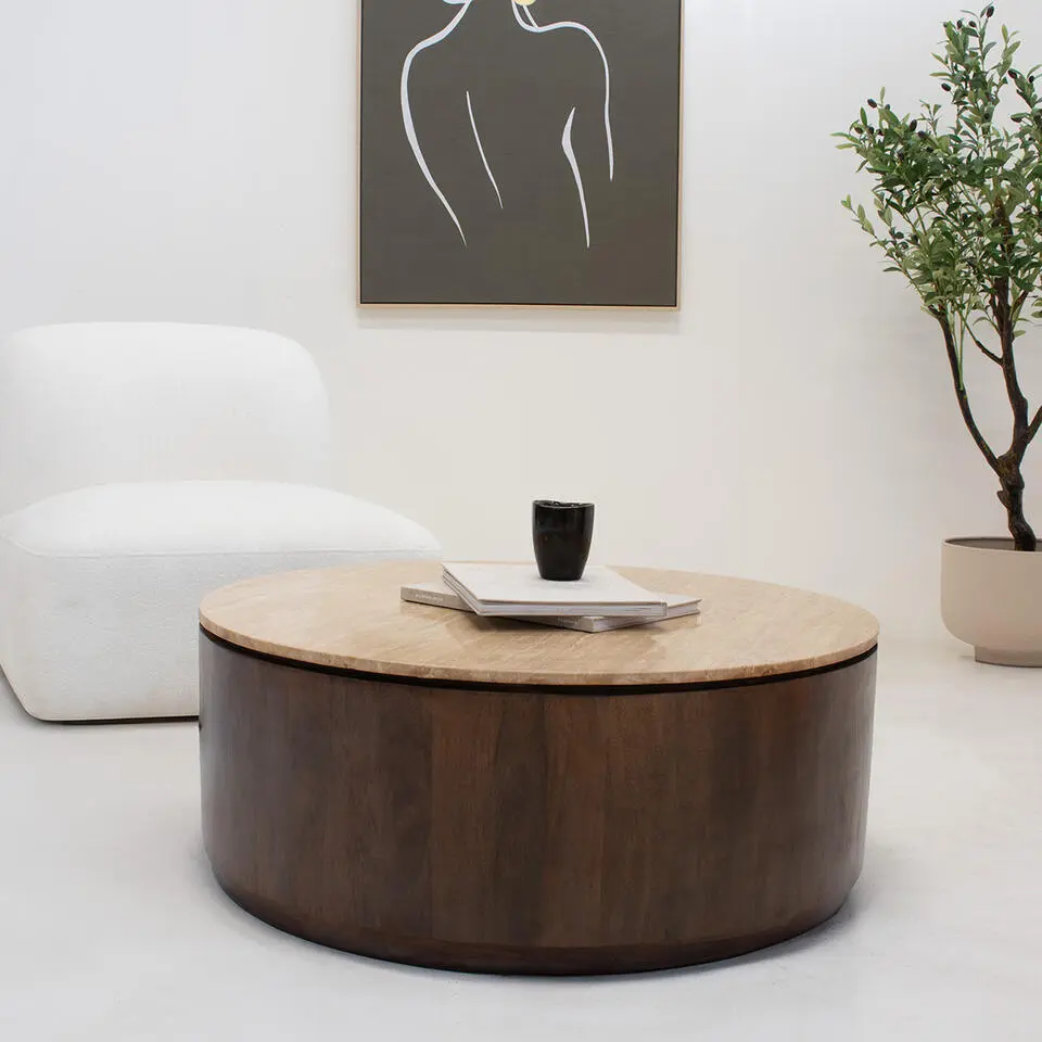 Salontafel Travertin Walnoot - 90x90x35cm - Rond - Elan