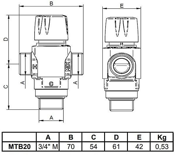 Mitigeur thermostatique THERMADOR MTB20 pour sortie chauffe-eau, laiton matricé, sécurité anti-brûlure