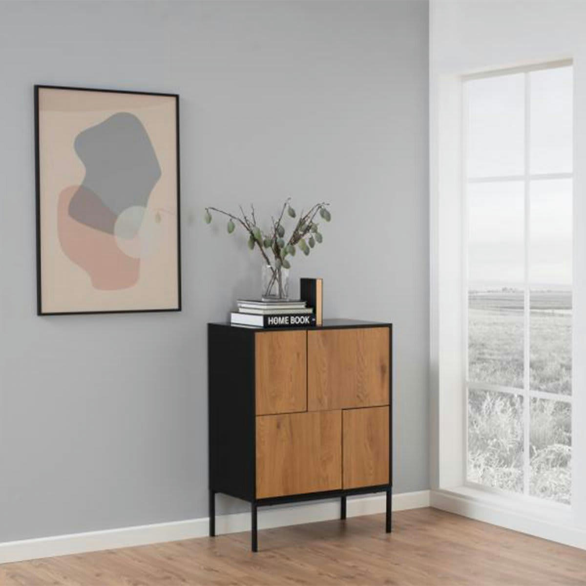 SEA - Buffet haut en bois et métal noir 4 portes