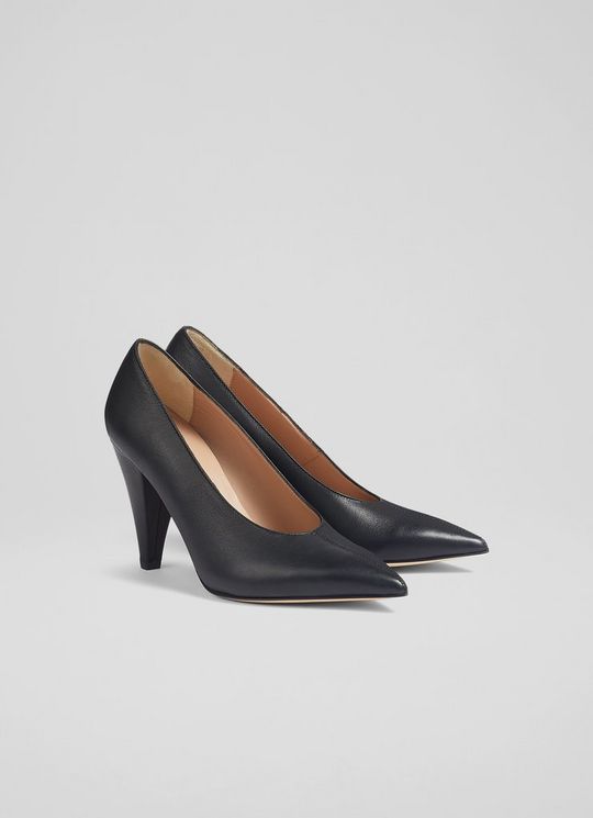 Micaela Black Leather Cone Heel Courts