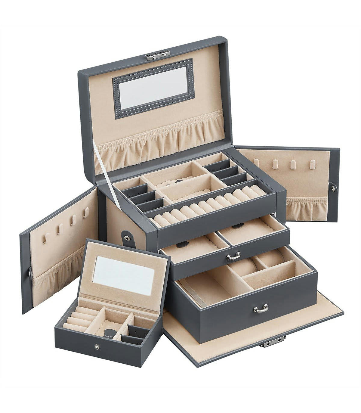 - Boîte à bijoux 2 tiroirs, 1 compartiment et 2 rabats avec rangements