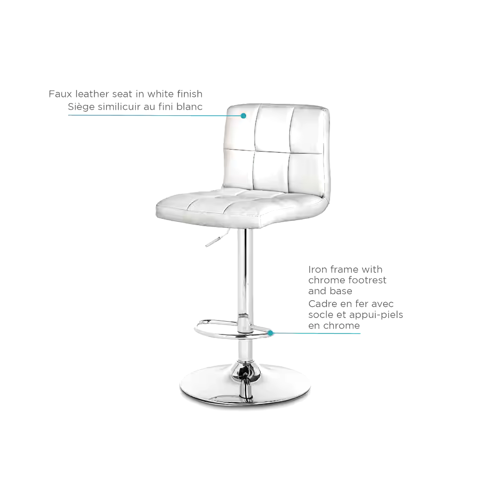 For Living Chrome & PU Tufted Leather Counter/Bar Stool Adjustable Height, White