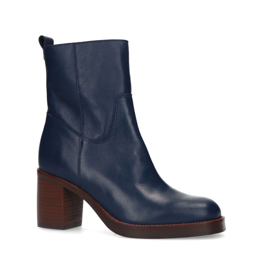 Manfield Blauwe leren enkellaarsjes met hak