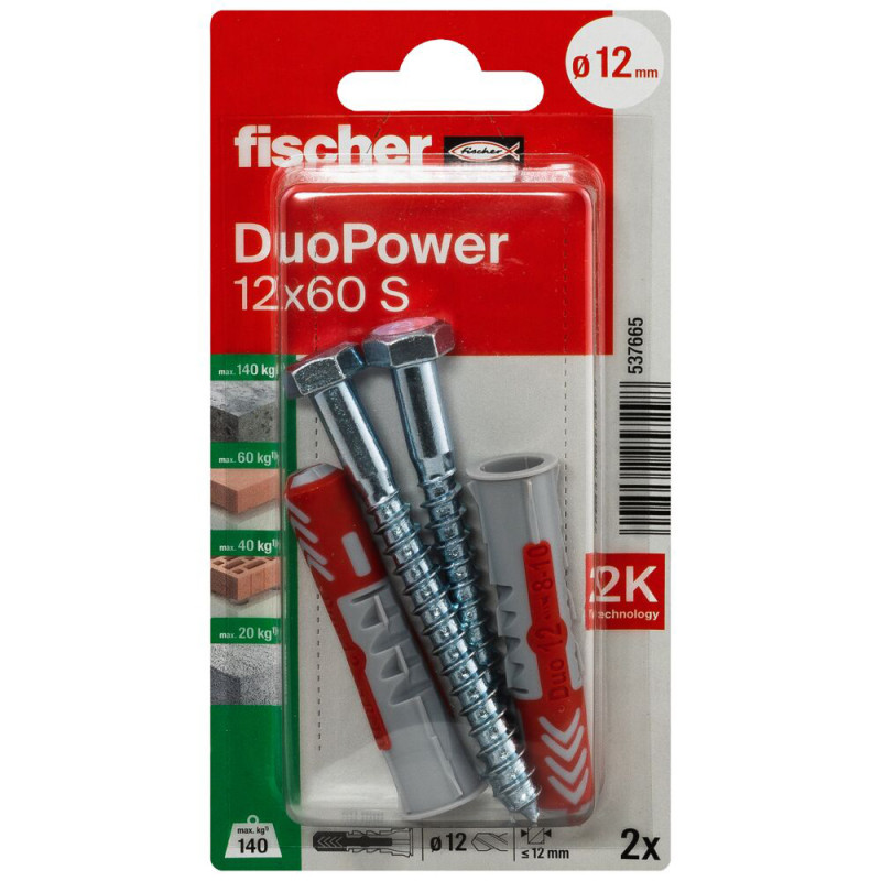 Cheville DuoPower S en nylon avec collerette et vis Ø 12 x 60 mm 2 pièces