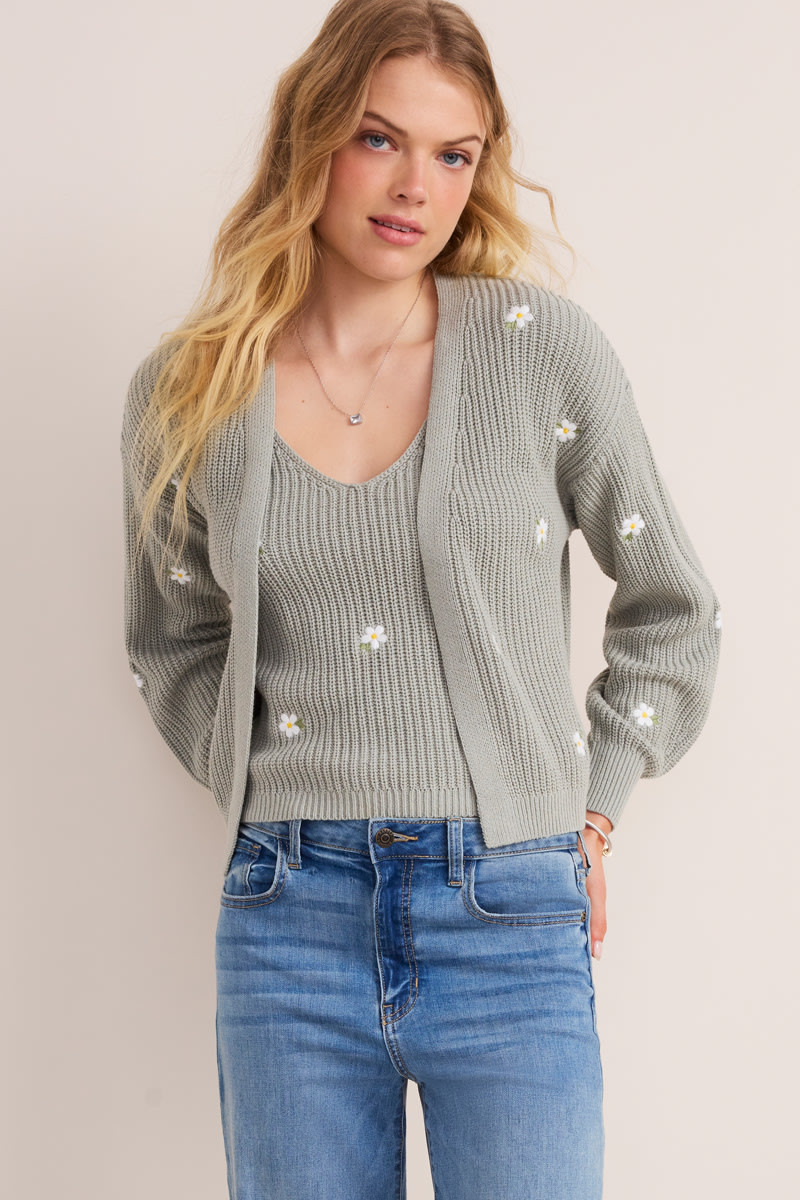 Kate Embroidered Daisy Tank And Cardigan Set