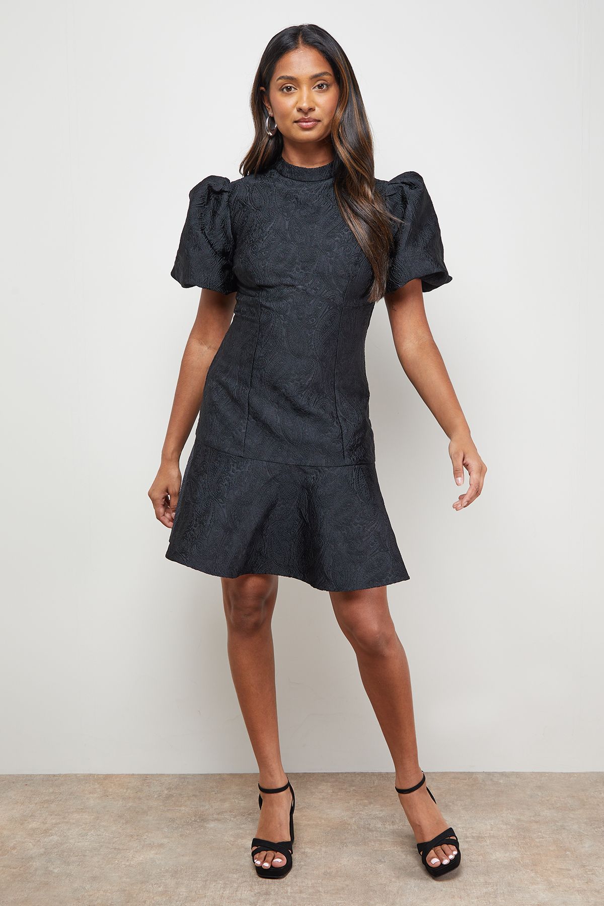 Oasis Paisley Jacquard Puff Sleeve Mini Dress