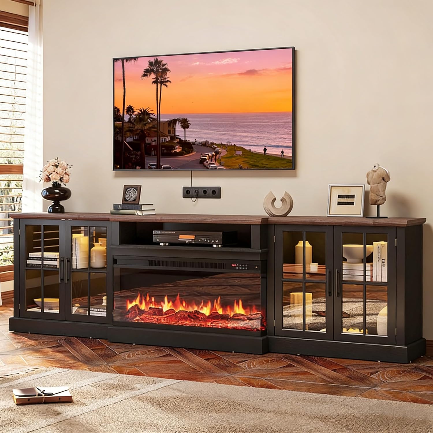98 Farmhouse TV Stand with 36 Fireplace for Living Room,Media Entertainment Center with Adjustable Shelves and Large Storage Cabinets, TVs up to 100, Black