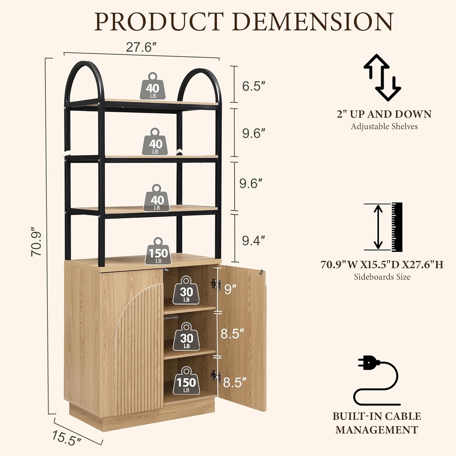 Brafab 71 Arched Bookcase with Reeded Design Doors, 7-Tier Bookshelf with Storage and Cabinet,Metal Frame Adjustable Shelves, for Living Room, Office, Library,Study (Natural Oak, 1 PCS)