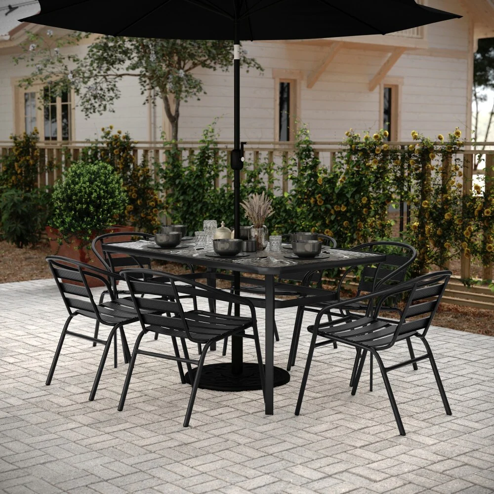 Commercial Patio Dining Set with Tempered Glass Top Table and 6 Chairs