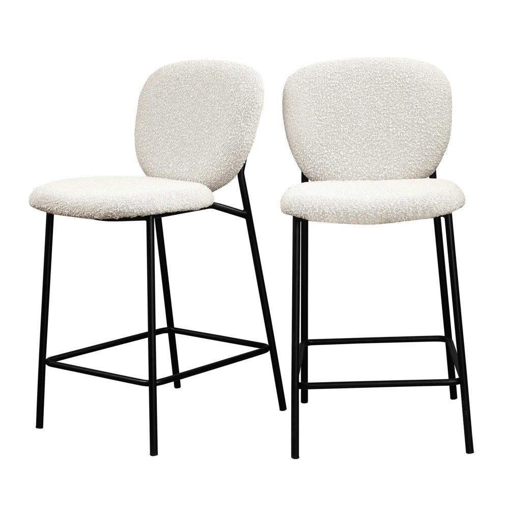 DALBY - Lot de 2 tabourets de bar en tissu bouclette et métal 65cm ecru