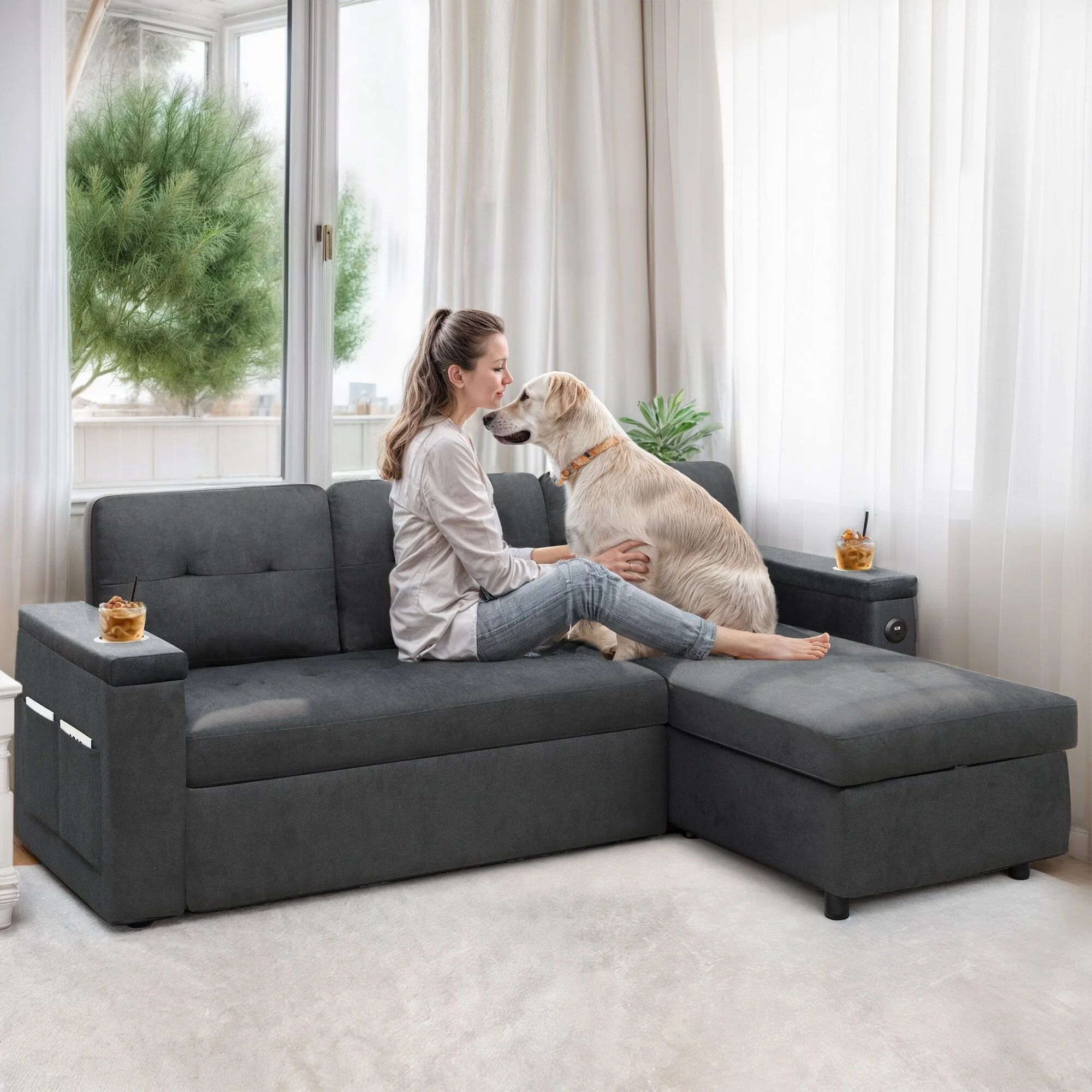 Moasis 85 Upholstered Pull Out Grey Sofa Bed Sectional L Sofa