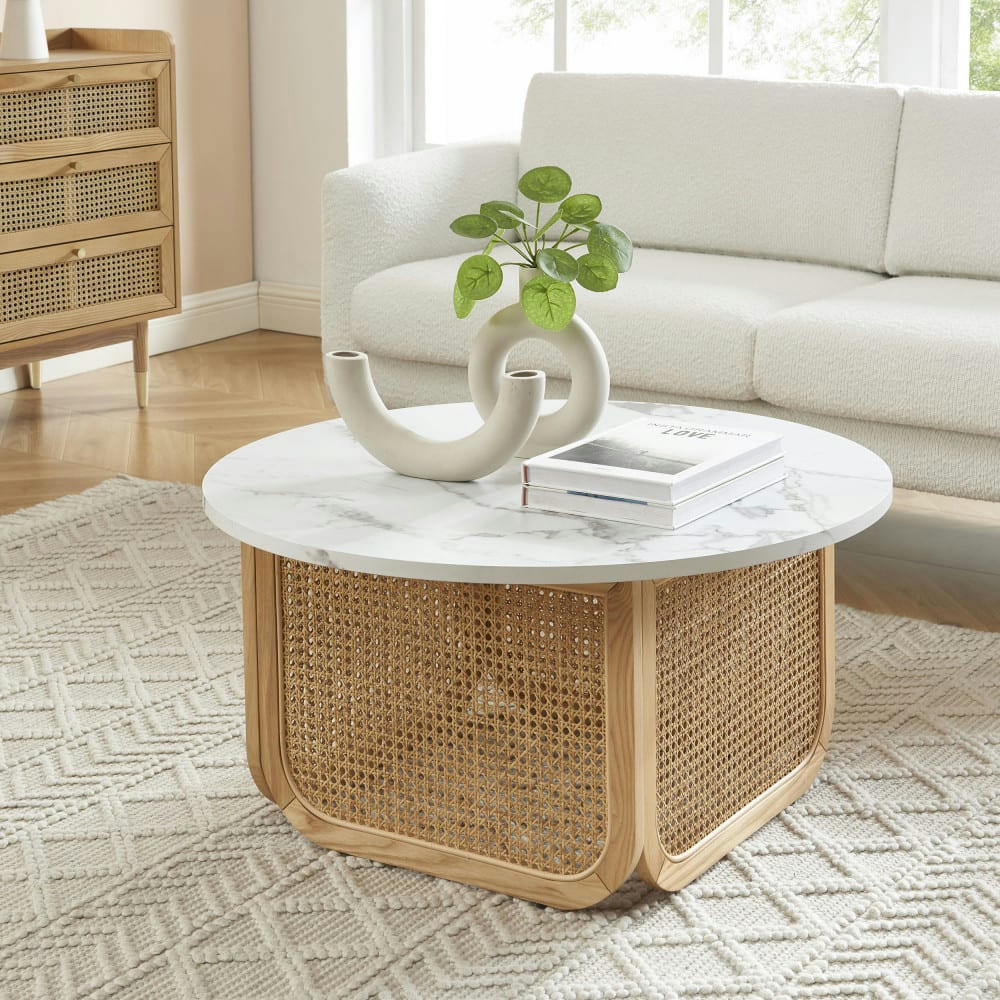 BOMBONG - Table basse ronde effet marbre et cannage D80cm marbre blanc