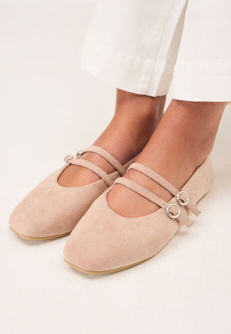 Womens Taupe Double Strap Ballet Pumps