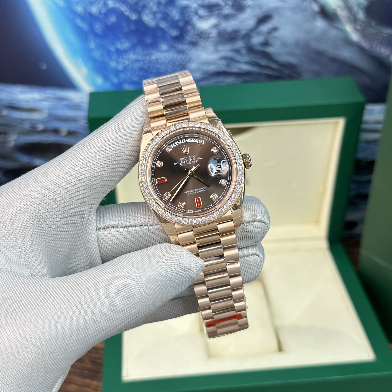 Rolex Day-Date RG Plated Chocolate Dial CZ Diamonds 40mm EWF Replica