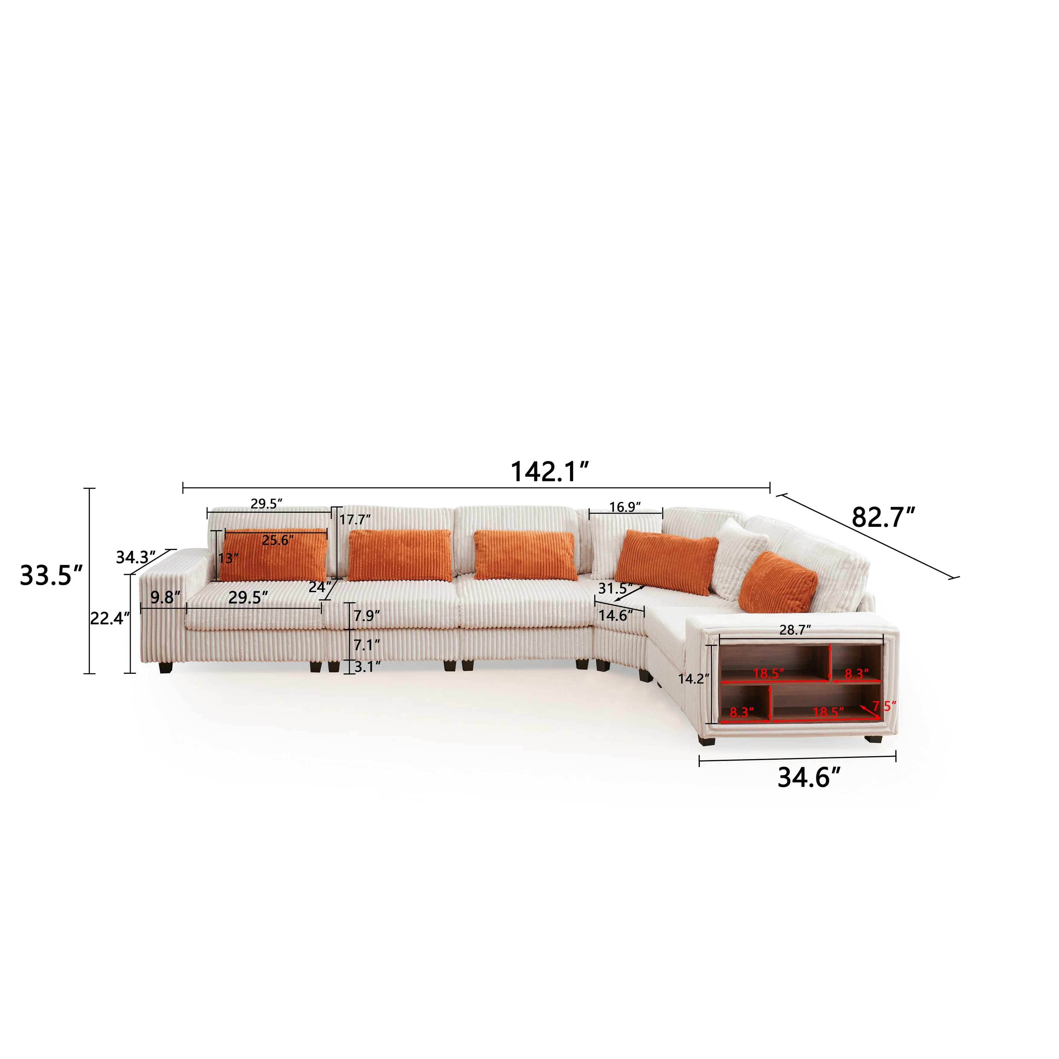Modern L Shaped Sectional Sofa with Wooden Armrest Shelves and 5 Throw pillow for Living Room or Guest Room