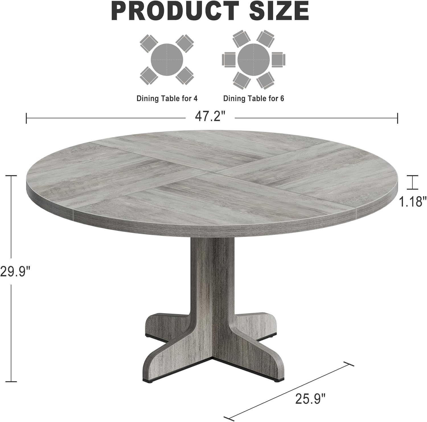 IDEALHOUSE Round Dining Table for 4, 47 Inches Dining Room Table with Wooden Base, Circle Kitchen Dinner Table for Dining Room, Kitchen, Living Room (Table Only), Grey