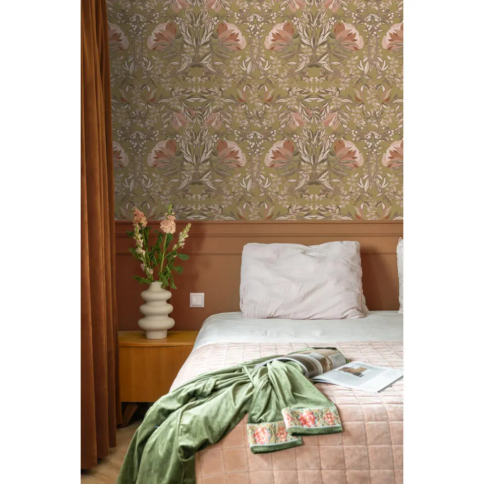 ESTAhome behang vintage bloemen in art nouveau stijl goud en terracotta roze