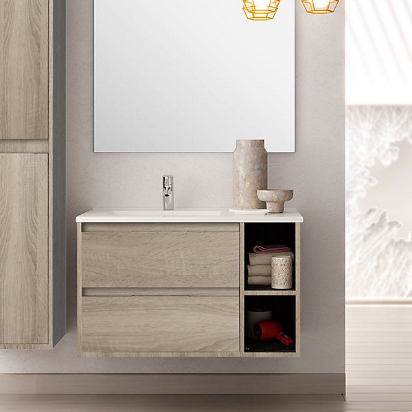 Meuble de salle de bain vasque déportée 2 tiroirs OLYMPE et miroir Led STAM - cambrian (chêne) - 80cm