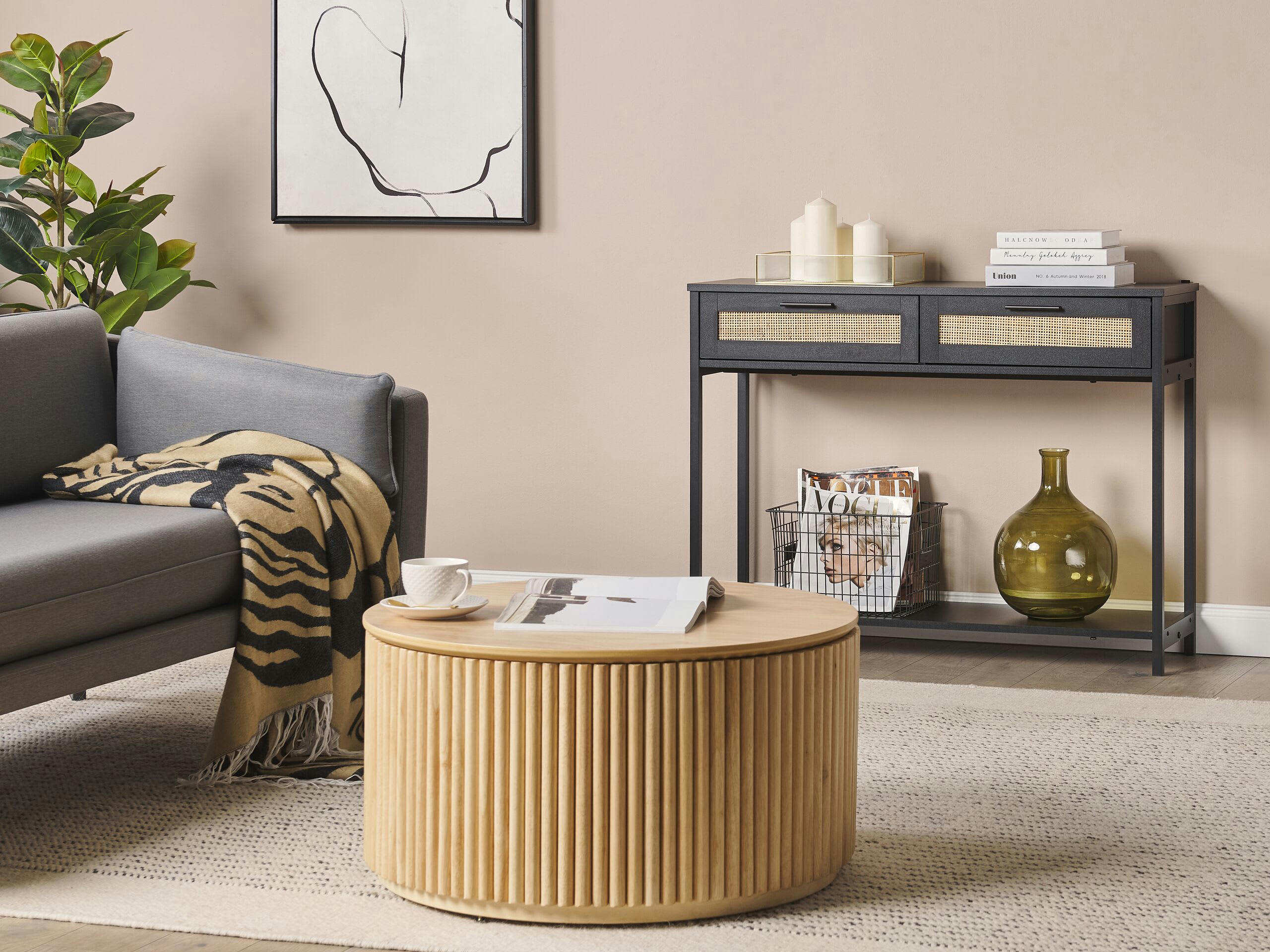 OPOCO - Console à 2 tiroirs noir et rotin naturel