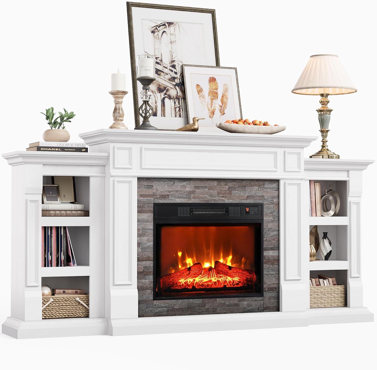 LGHM 72 Electric Fireplace with Mantel, Fireplace TV Stand for TVs Up to 80 Inch, Modern Entertainment Center with Storage, Fireplace Heater Insert with Realistic 3D Flame for Living Room, Bedroom