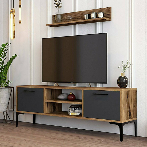 Meuble TV Tureis, Buffet de salon, Armoire basse pour TV, Base murale de rangement, 140x30h48 cm, Noyer et Anthracite