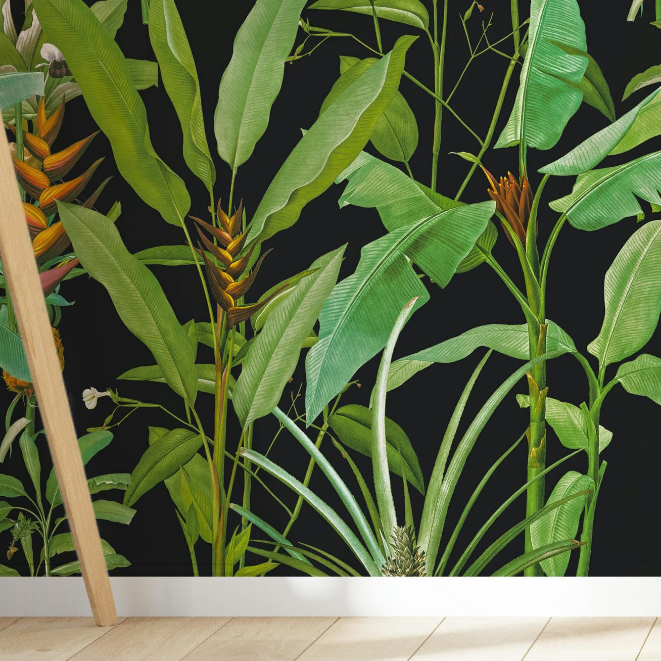 - Papier peint motifs bananiers fleurs noir 255x260cm