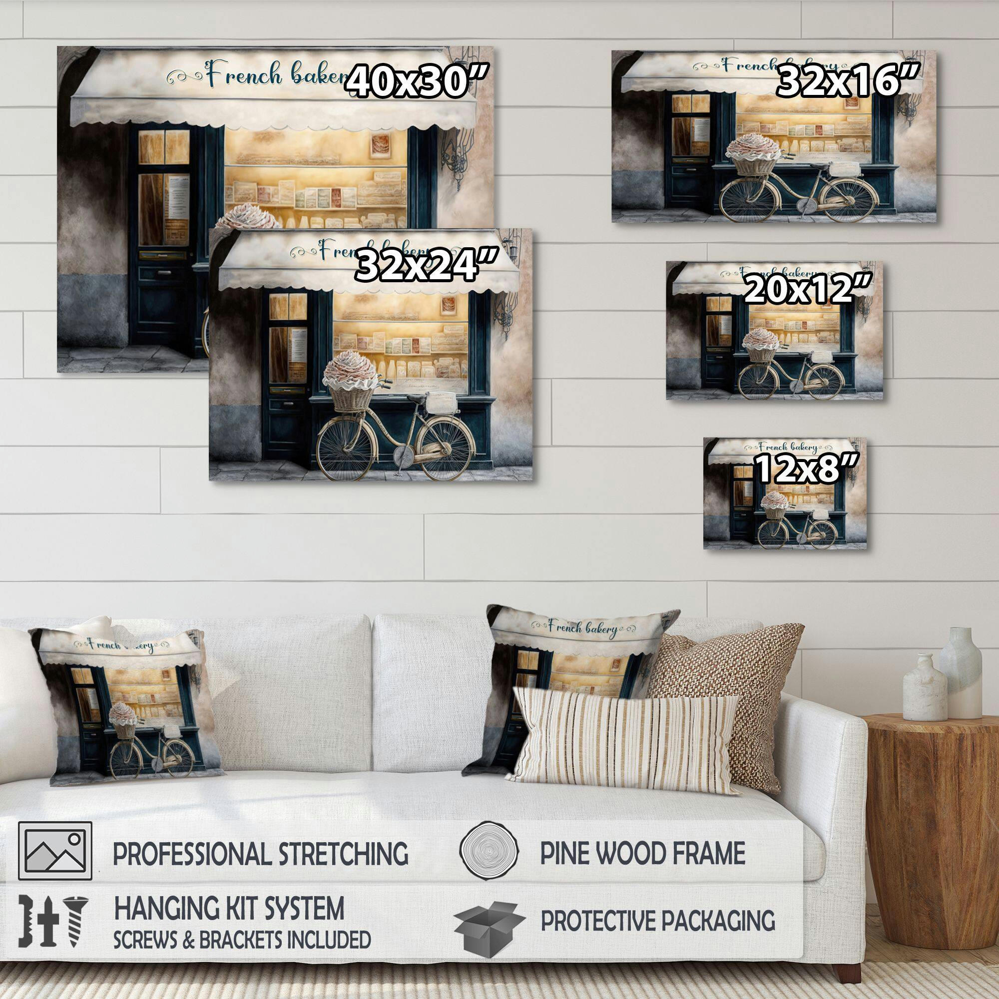 Designart Bicycle In Front a French Bakery IV Canvas Wall Art, Beige, 32-in x 24-in