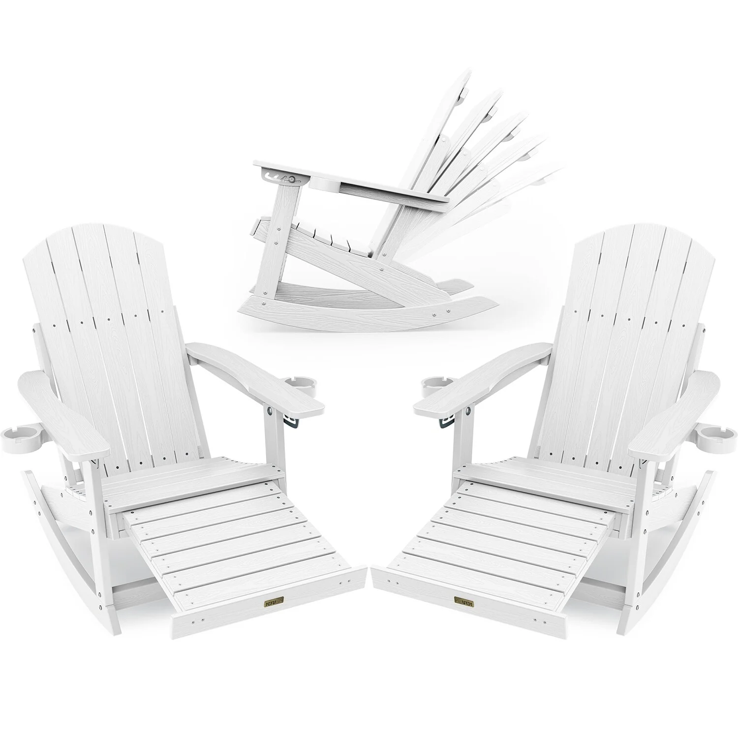 WINSOON HIPS Outdoor Rocking Chair with Adjustable Backrest and Retractable Ottoman-Set of 2