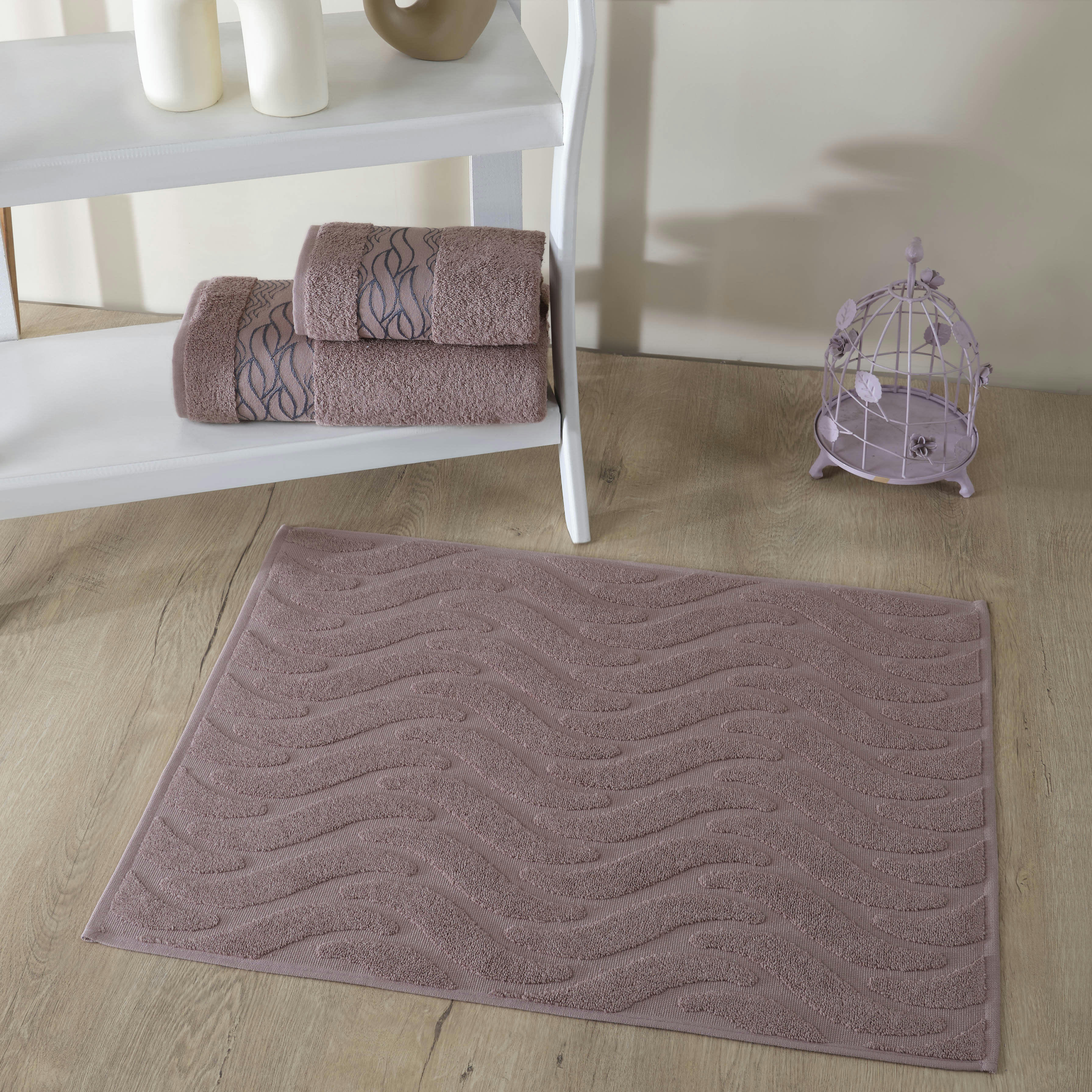 ROMANCE - Set de bain éponge 3 pc Serviette 50x90 +70x140 cm , tapis de bain