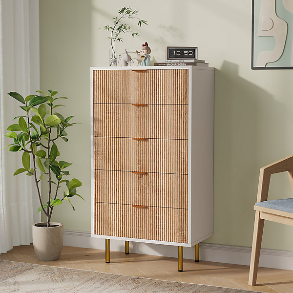 Commode 5 tiroirs Bois et Blanc, Style Moderne, Poignées et Pieds Dorés, Rangement Spacieux et élégant