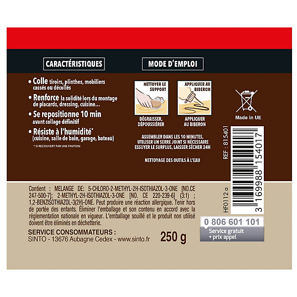 Colle à bois tous bois et dérivés Sintobois 250g