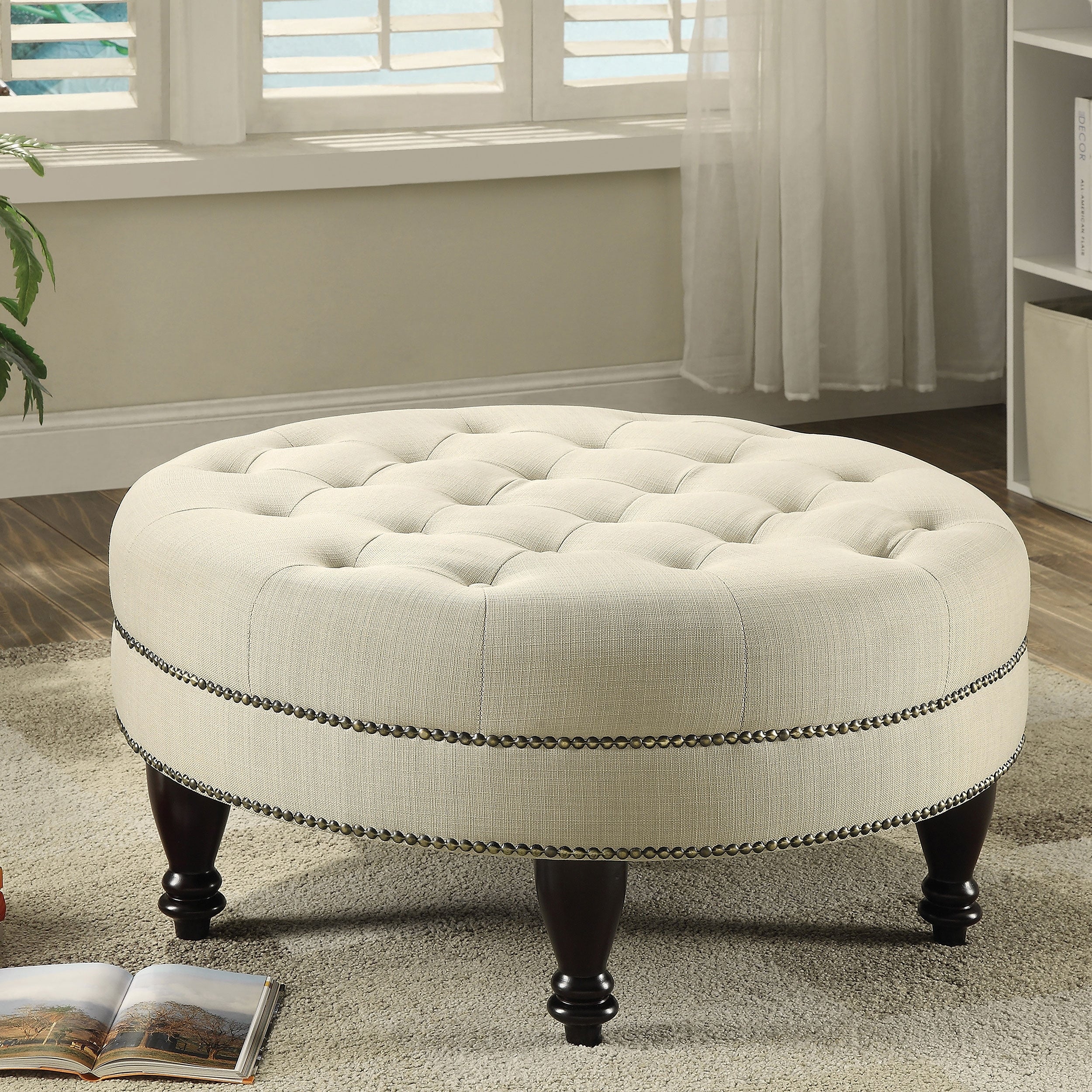 Elchin Oatmeal Round Upholstered Tufted Ottoman