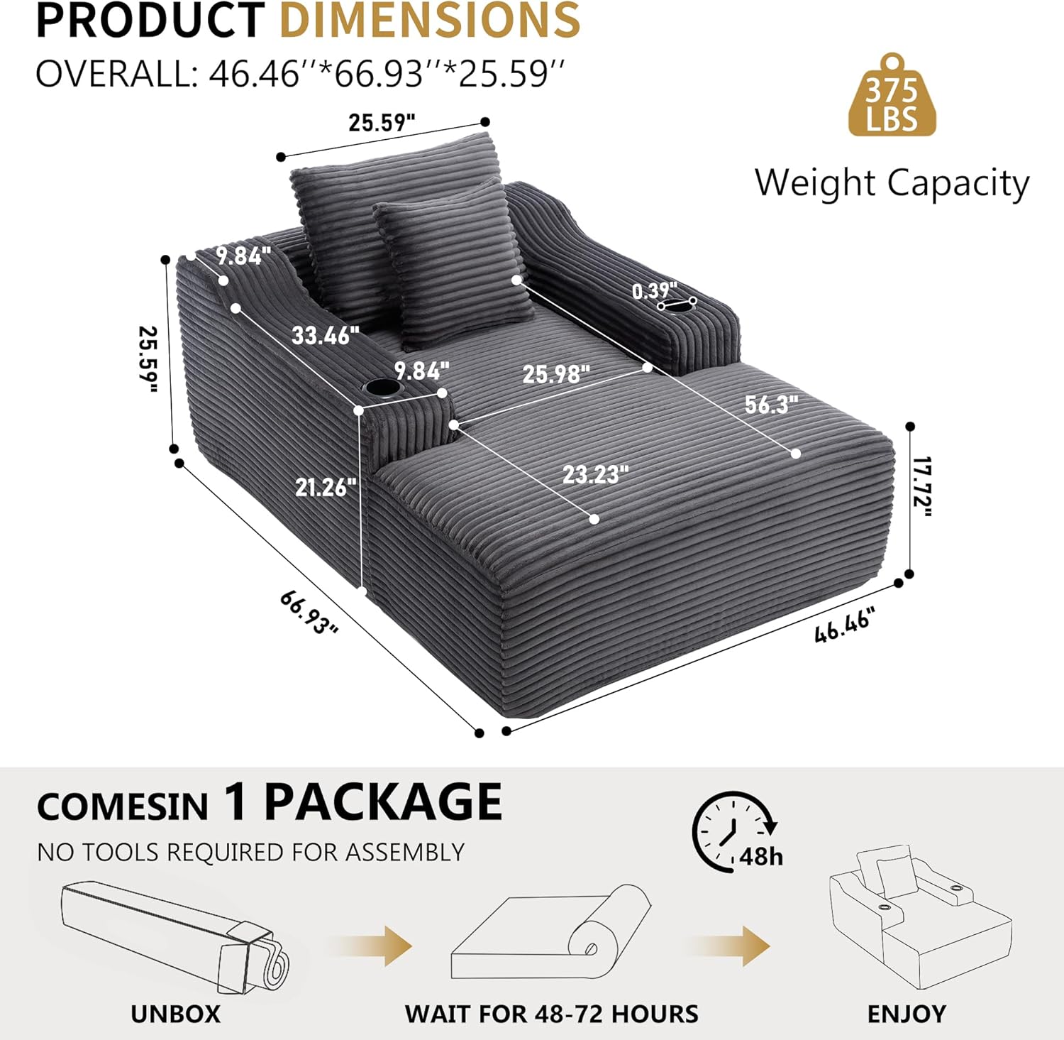 67 Oversized Chaise Lounge Chair Indoor, Soft Boneless Cloud Couch Chair with Wide Armrest Pillows and Cup Holders, Comfy Corduroy Sofa Bed Sleeper Couch for Living Room No Assembly Require,Dark Grey