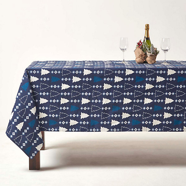 Nappe de table noël en 100% coton - Sapins Bleu - 137 x 229 cm - HOMESCAPES - Lavable en machine
